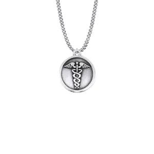1-1/8 Inch Round Pewter Medical Caduceus Medal with Cross on Back