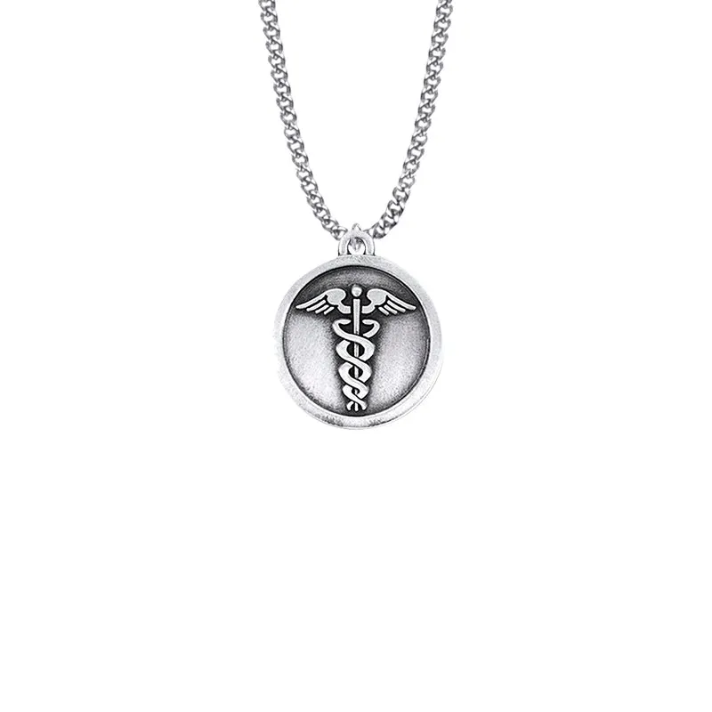 1-1/8 Inch Round Pewter Medical Caduceus Medal with Cross on Back
