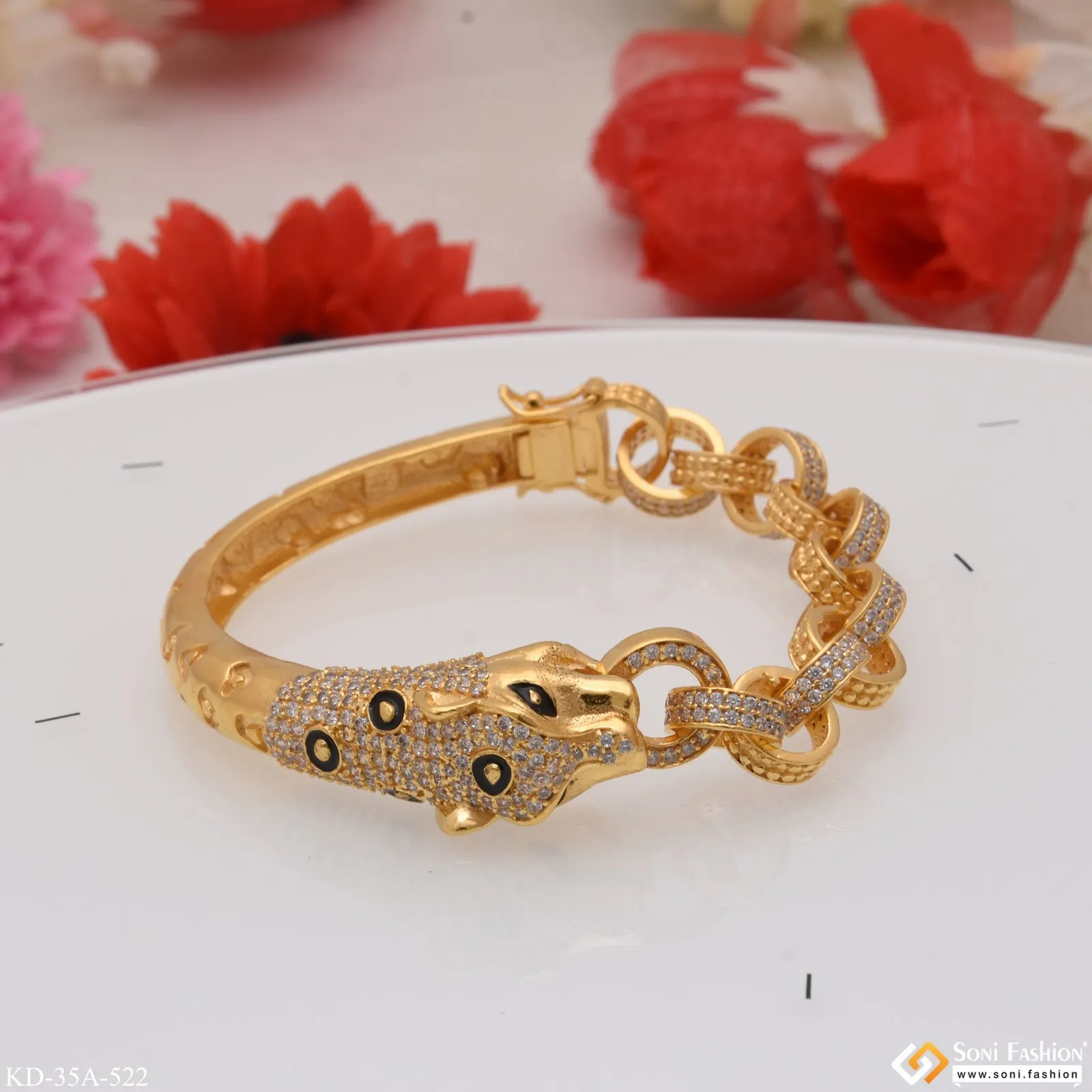 1 Gram Gold - Jaguar With Diamond Fashionable Design Gold Plated Kada - Style A522