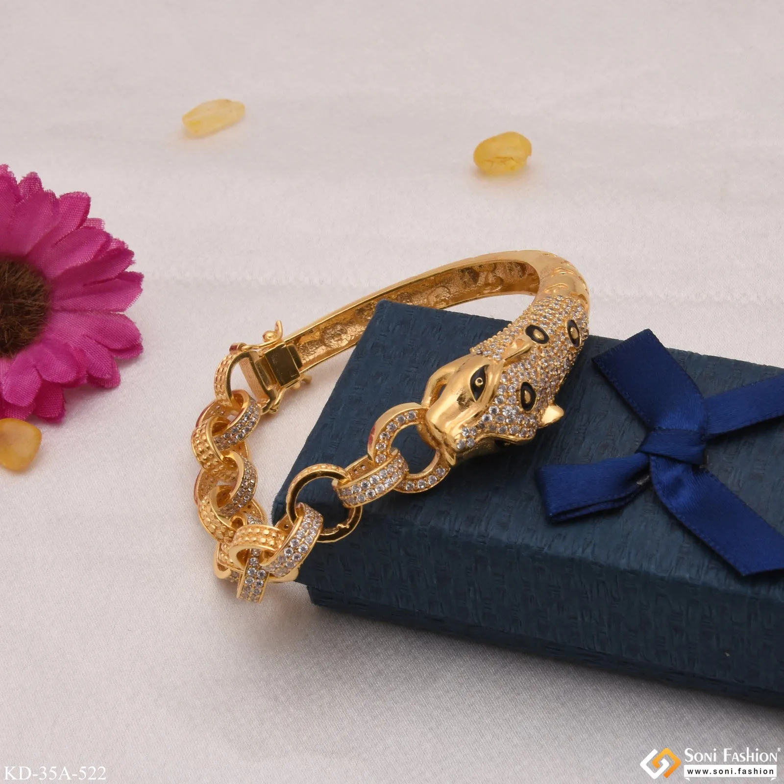 1 Gram Gold - Jaguar With Diamond Fashionable Design Gold Plated Kada - Style A522