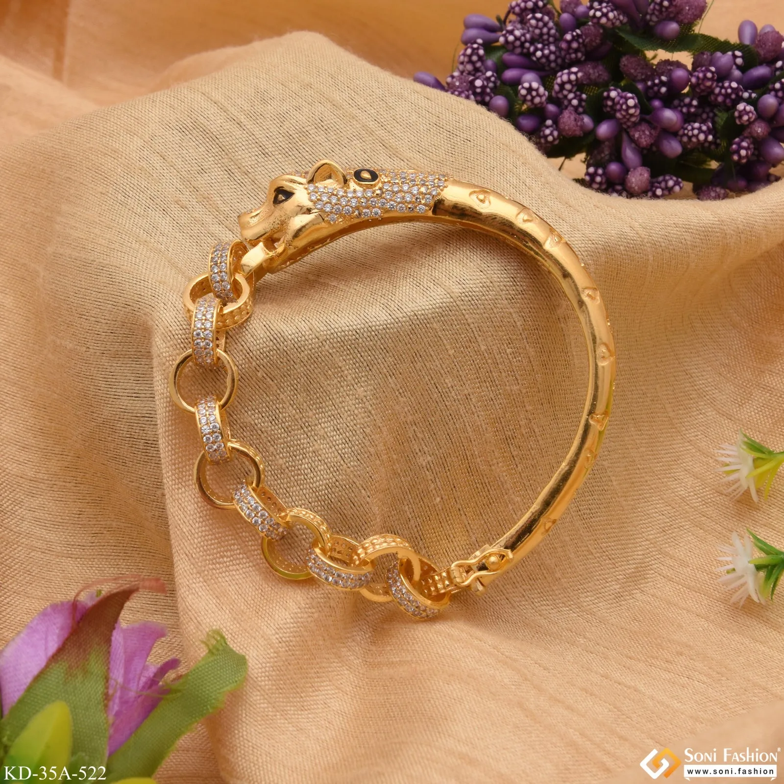 1 Gram Gold - Jaguar With Diamond Fashionable Design Gold Plated Kada - Style A522