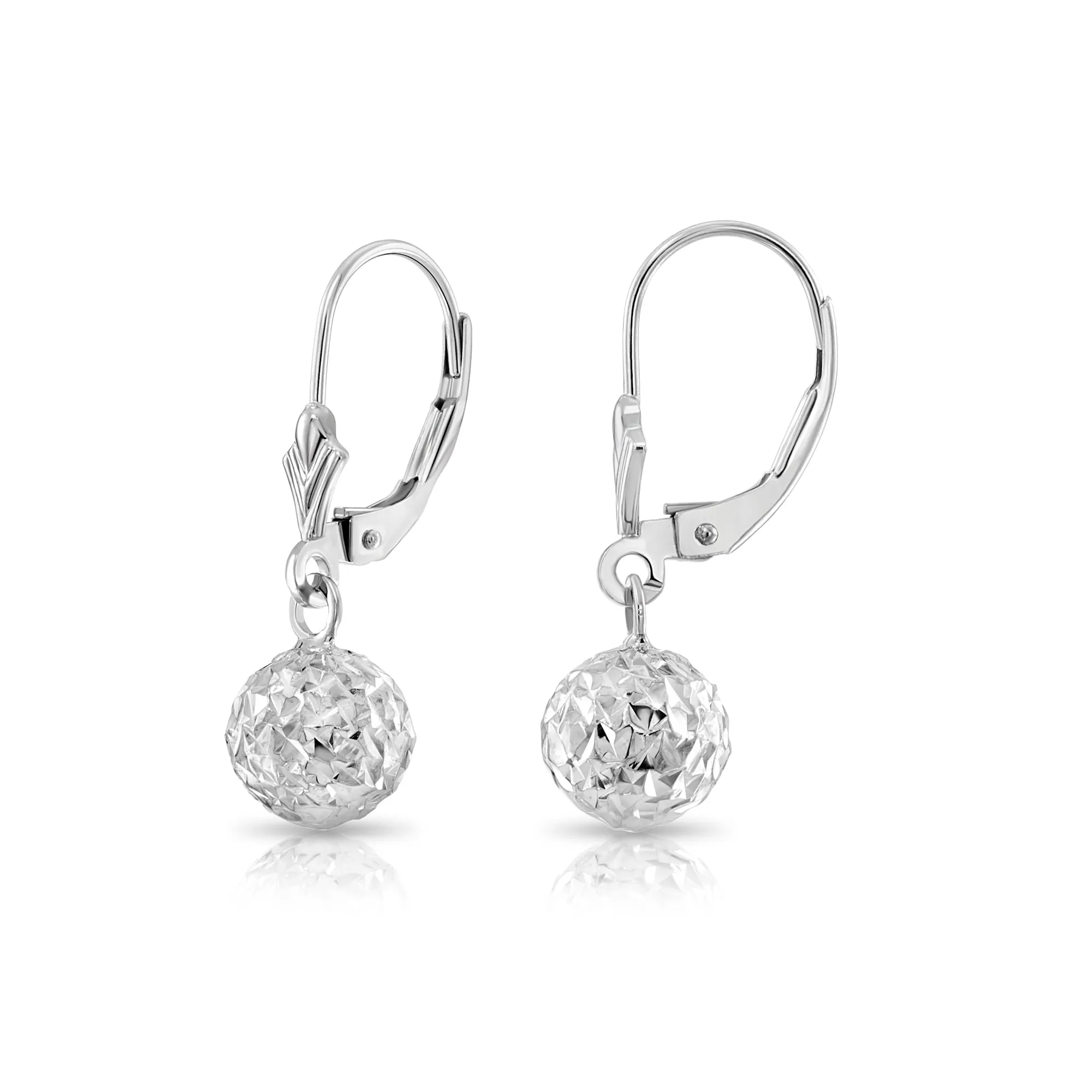 14k White Gold Sparkle Ball Dangle Earrings