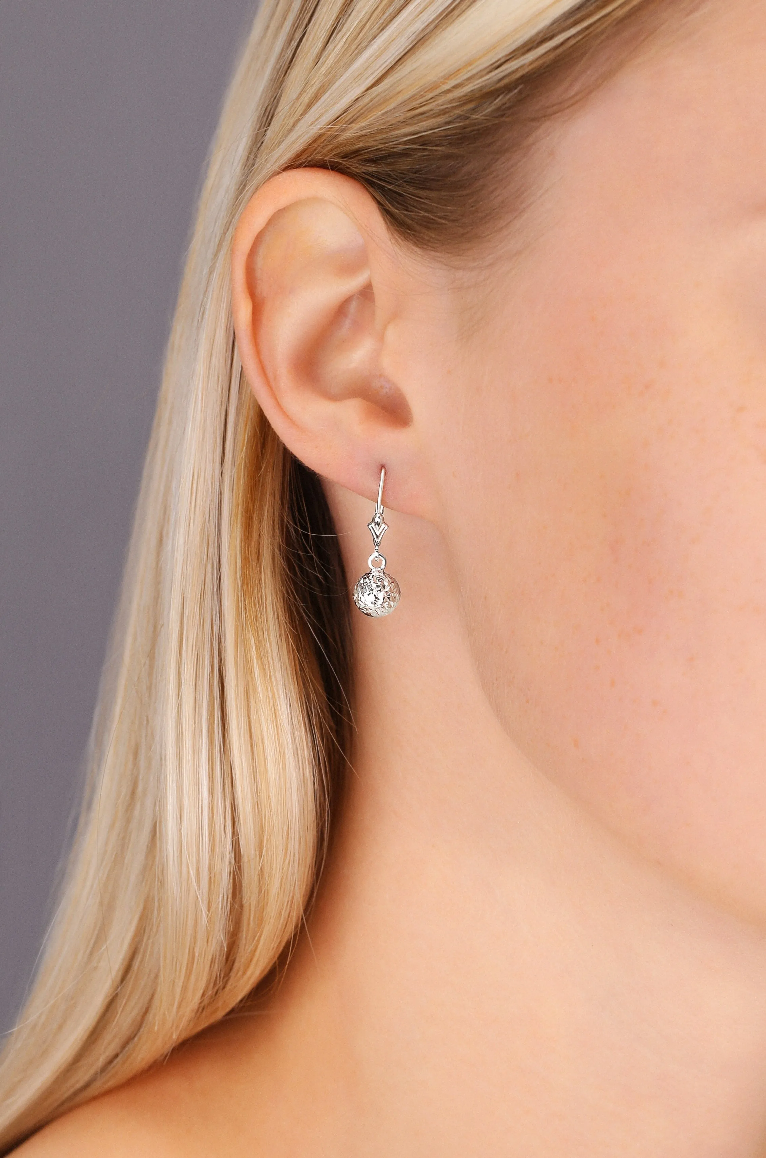 14k White Gold Sparkle Ball Dangle Earrings