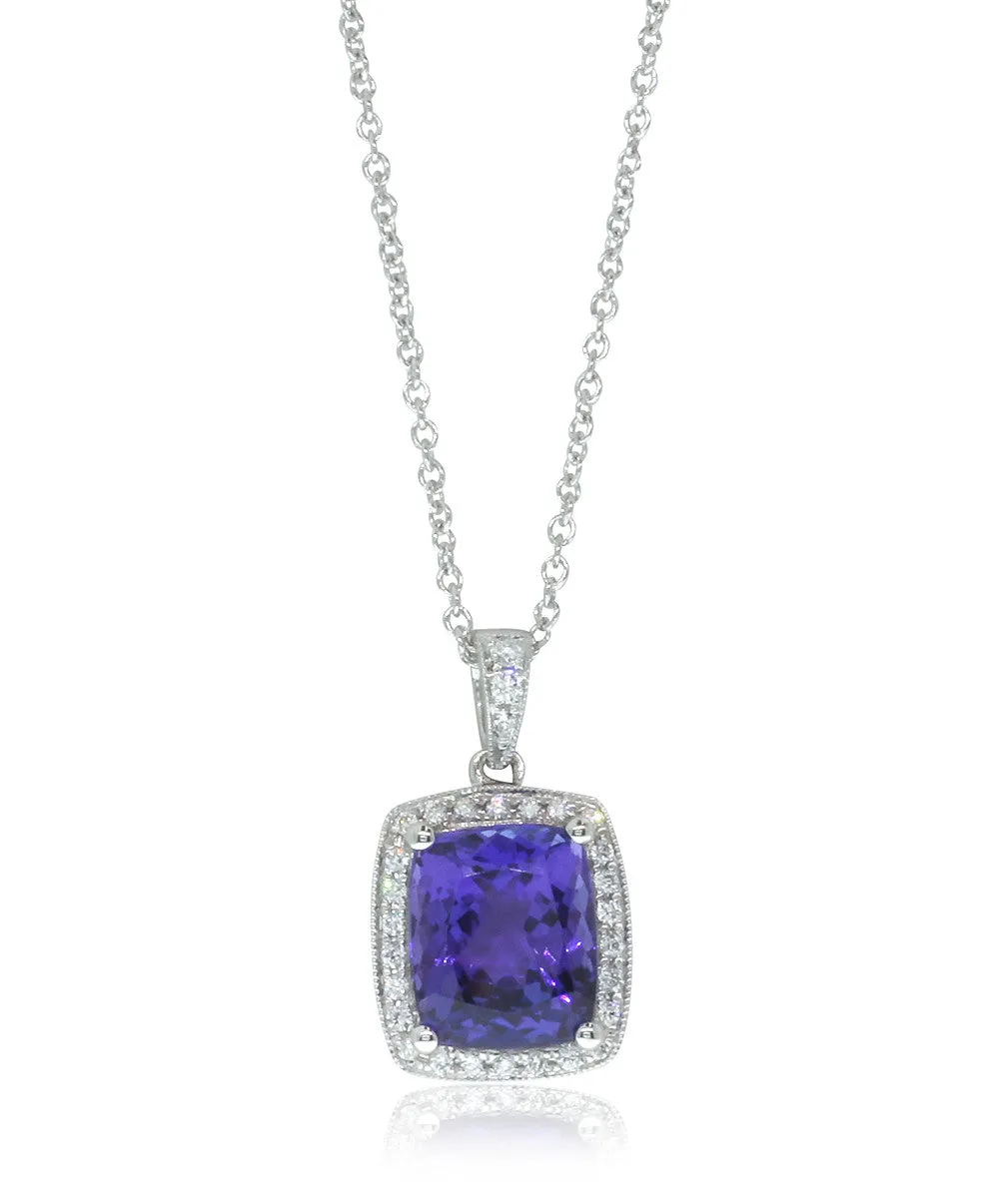 18ct White Gold Tanzanite & Diamond Halo Pendant