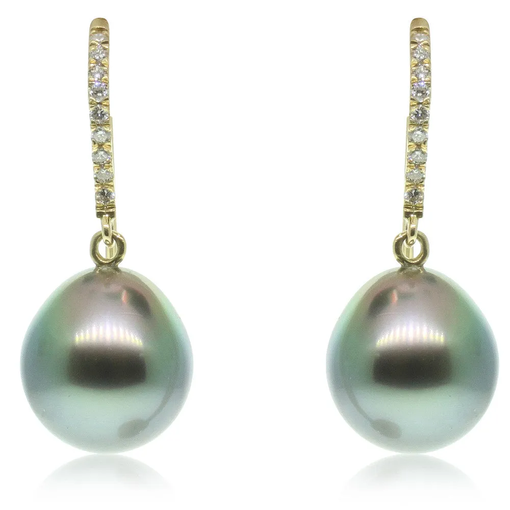 18ct Yellow Gold Tahitian Black Pearl & Diamond Earrings