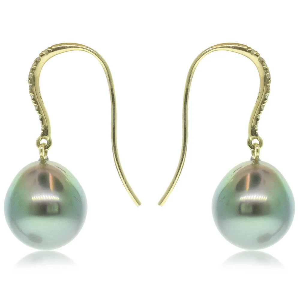 18ct Yellow Gold Tahitian Black Pearl & Diamond Earrings