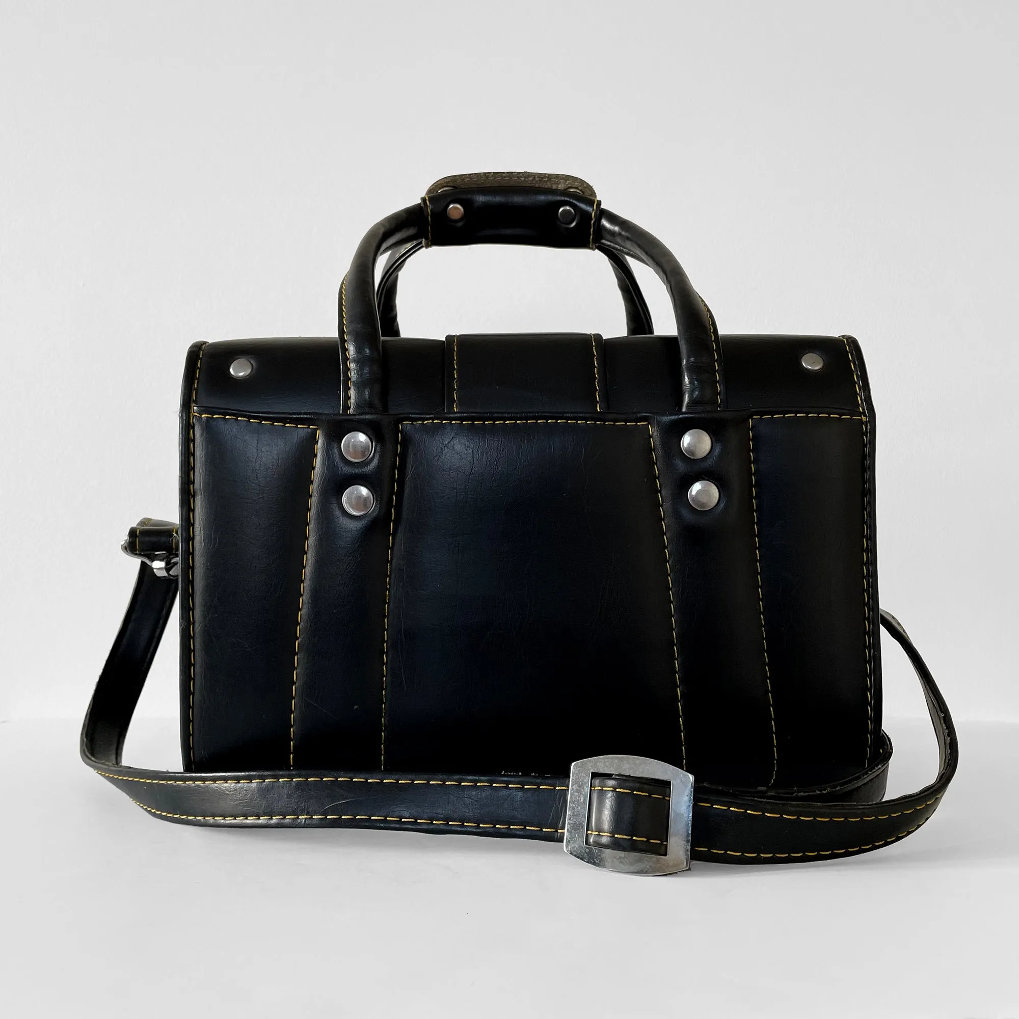1960s Black Contrast-Stitch Vinyl Crossbody Top-Handle Camera Case Bag
