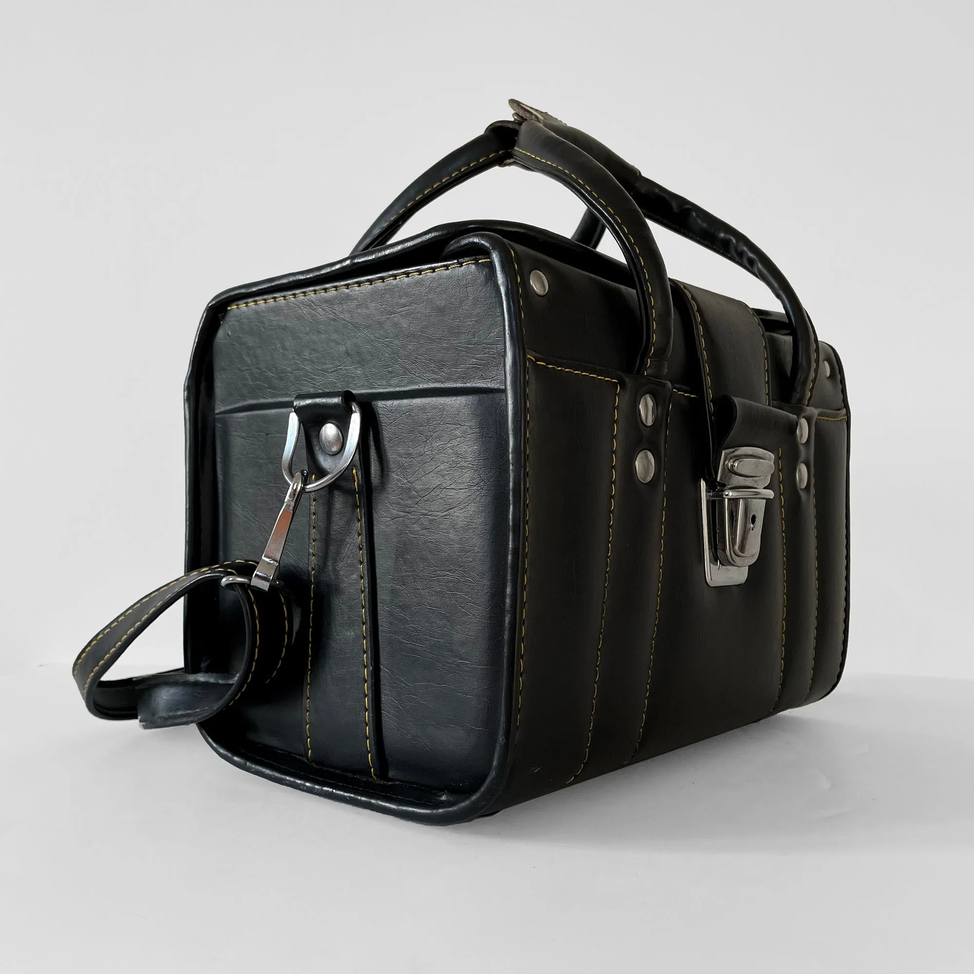 1960s Black Contrast-Stitch Vinyl Crossbody Top-Handle Camera Case Bag