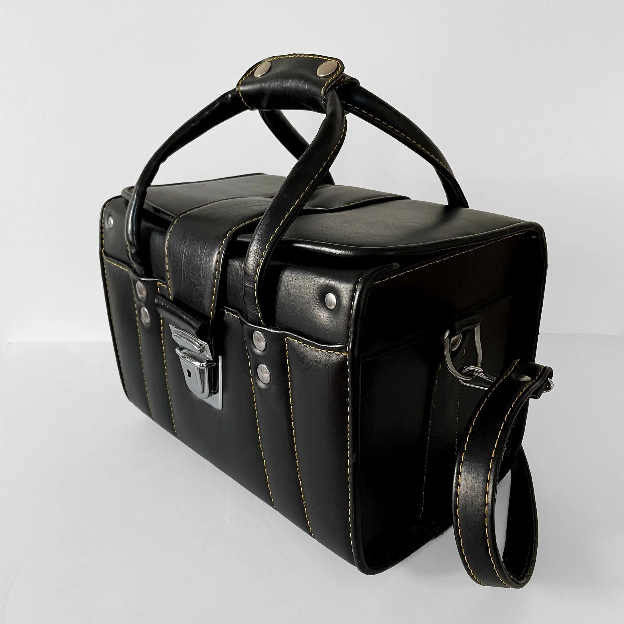 1960s Black Contrast-Stitch Vinyl Crossbody Top-Handle Camera Case Bag