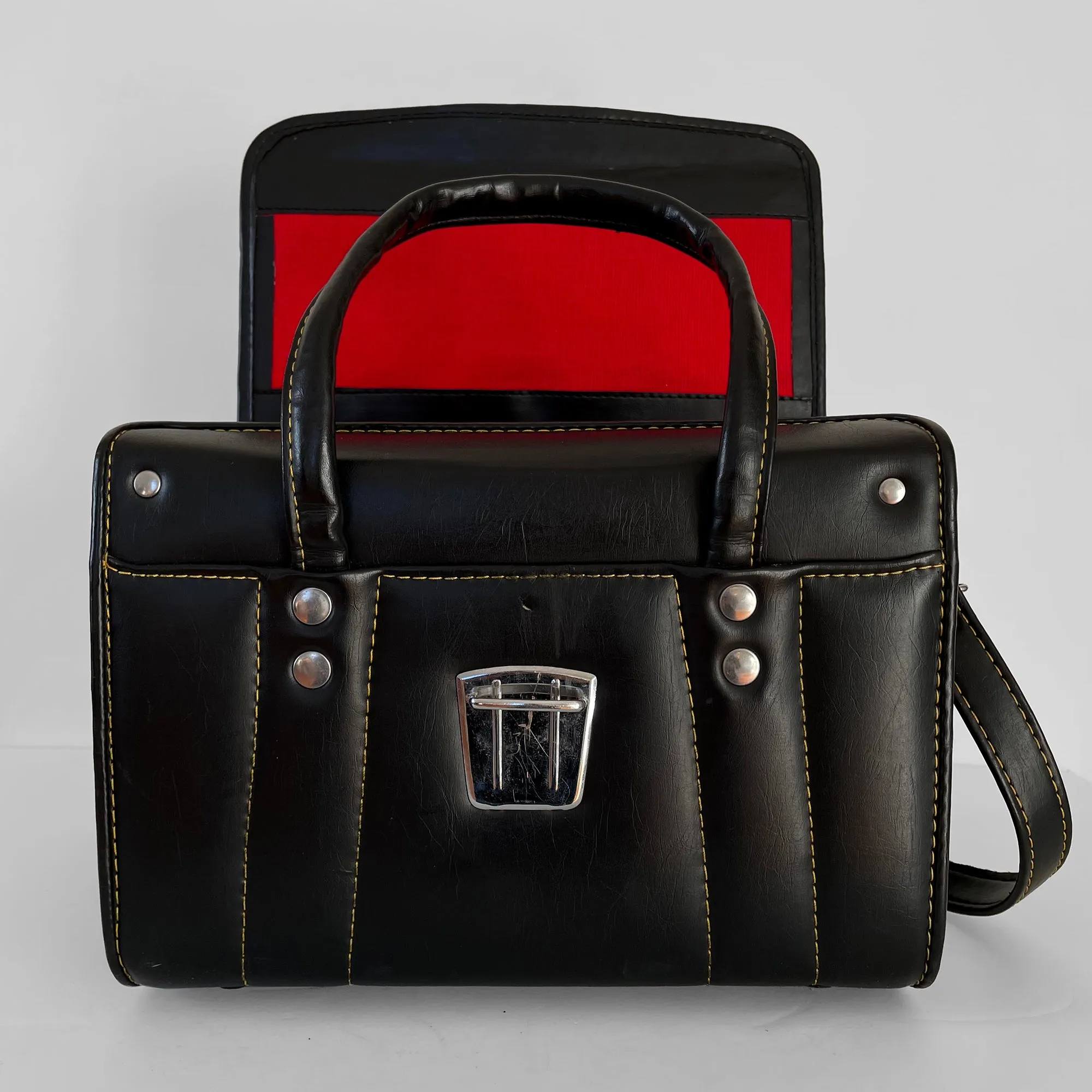 1960s Black Contrast-Stitch Vinyl Crossbody Top-Handle Camera Case Bag
