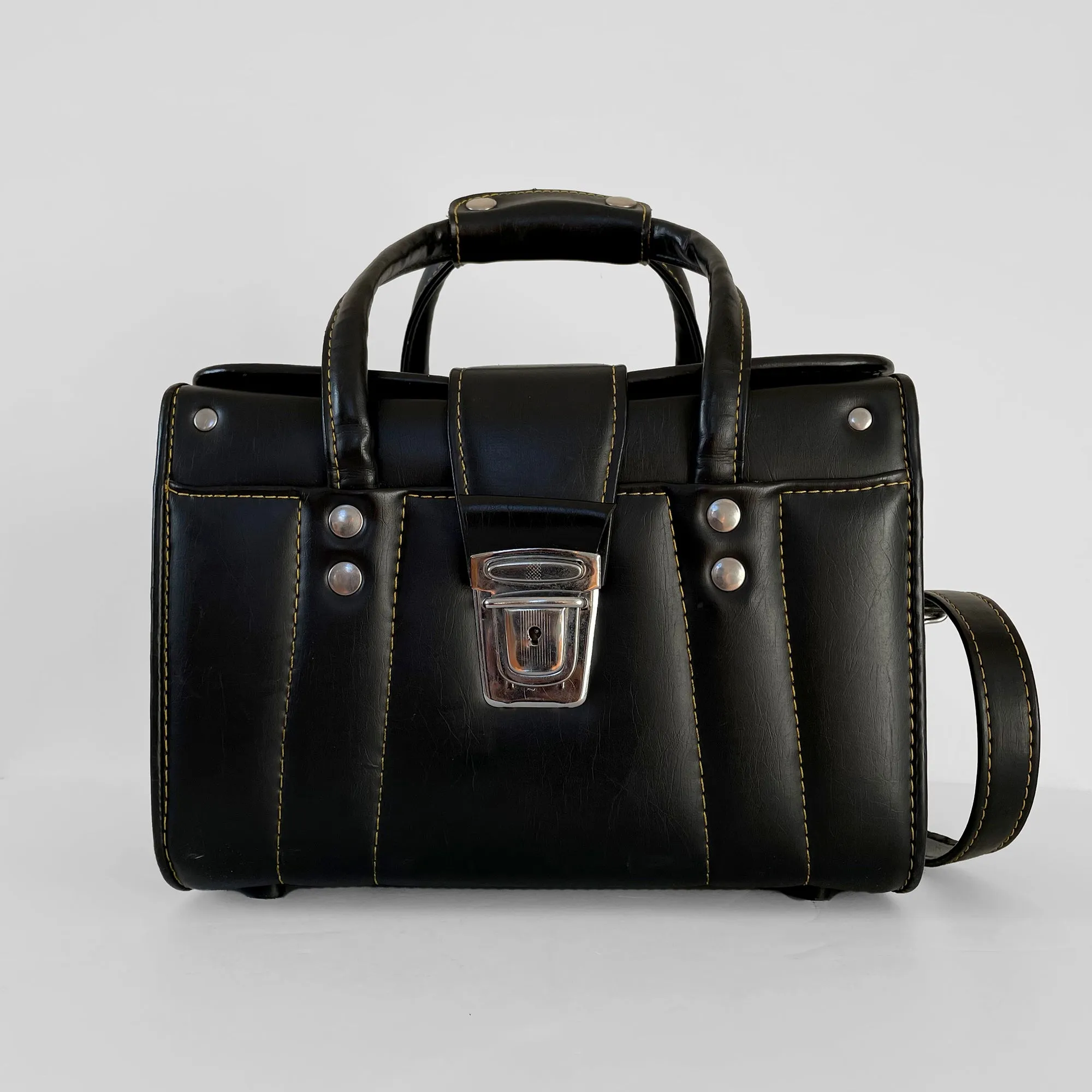 1960s Black Contrast-Stitch Vinyl Crossbody Top-Handle Camera Case Bag