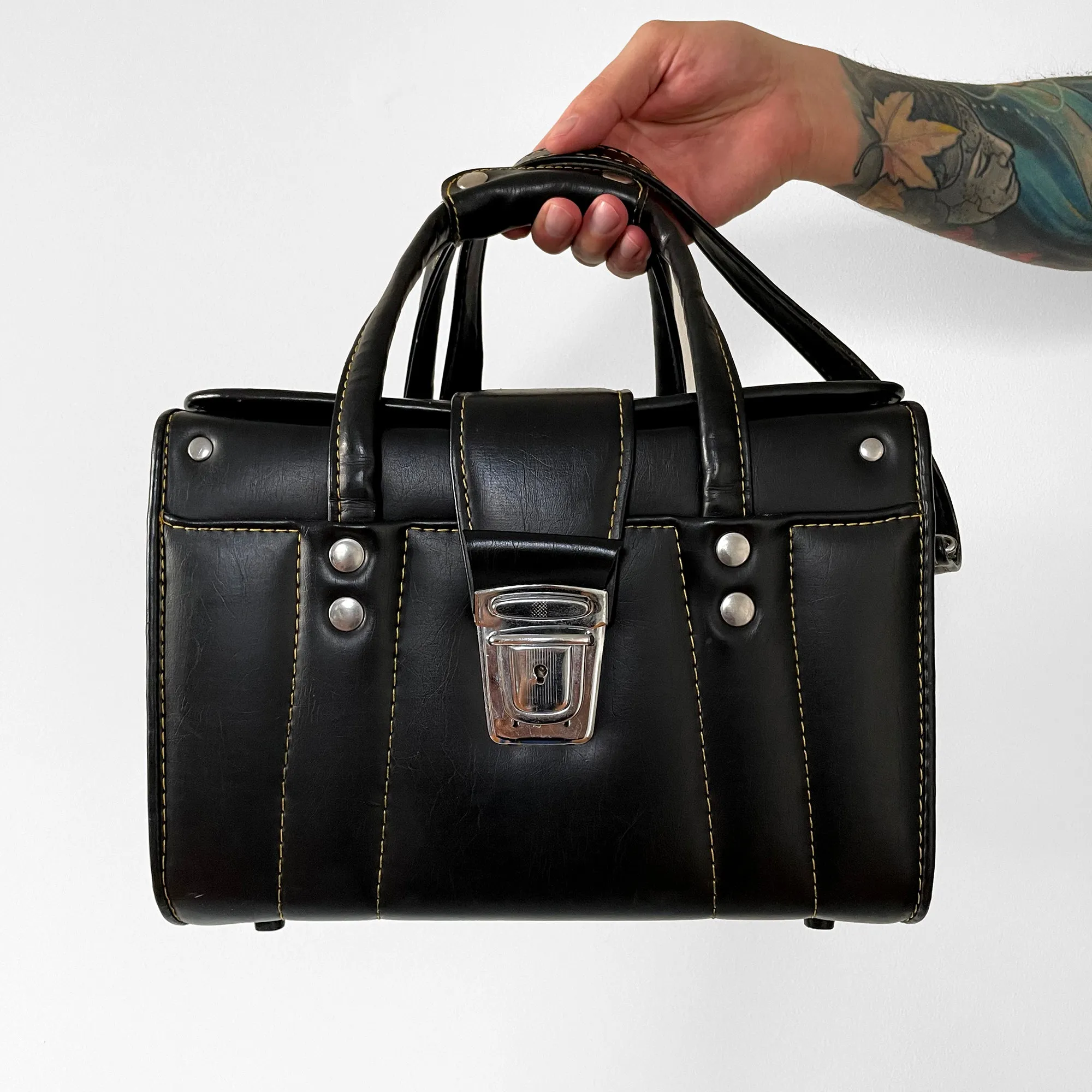 1960s Black Contrast-Stitch Vinyl Crossbody Top-Handle Camera Case Bag