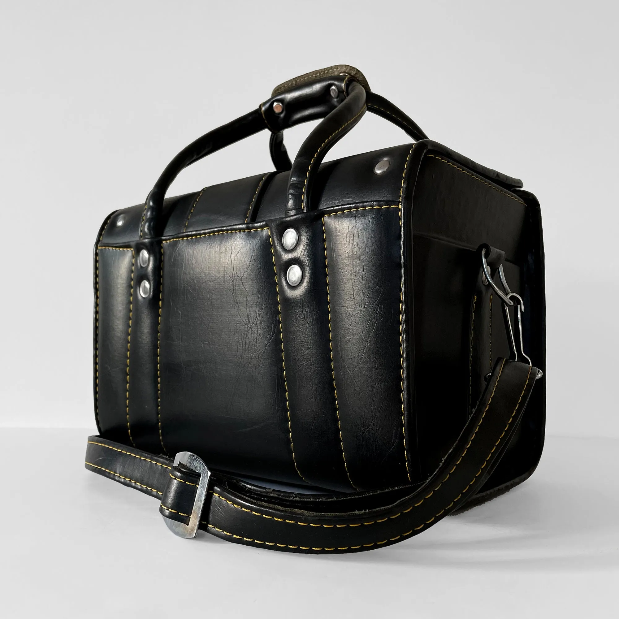 1960s Black Contrast-Stitch Vinyl Crossbody Top-Handle Camera Case Bag