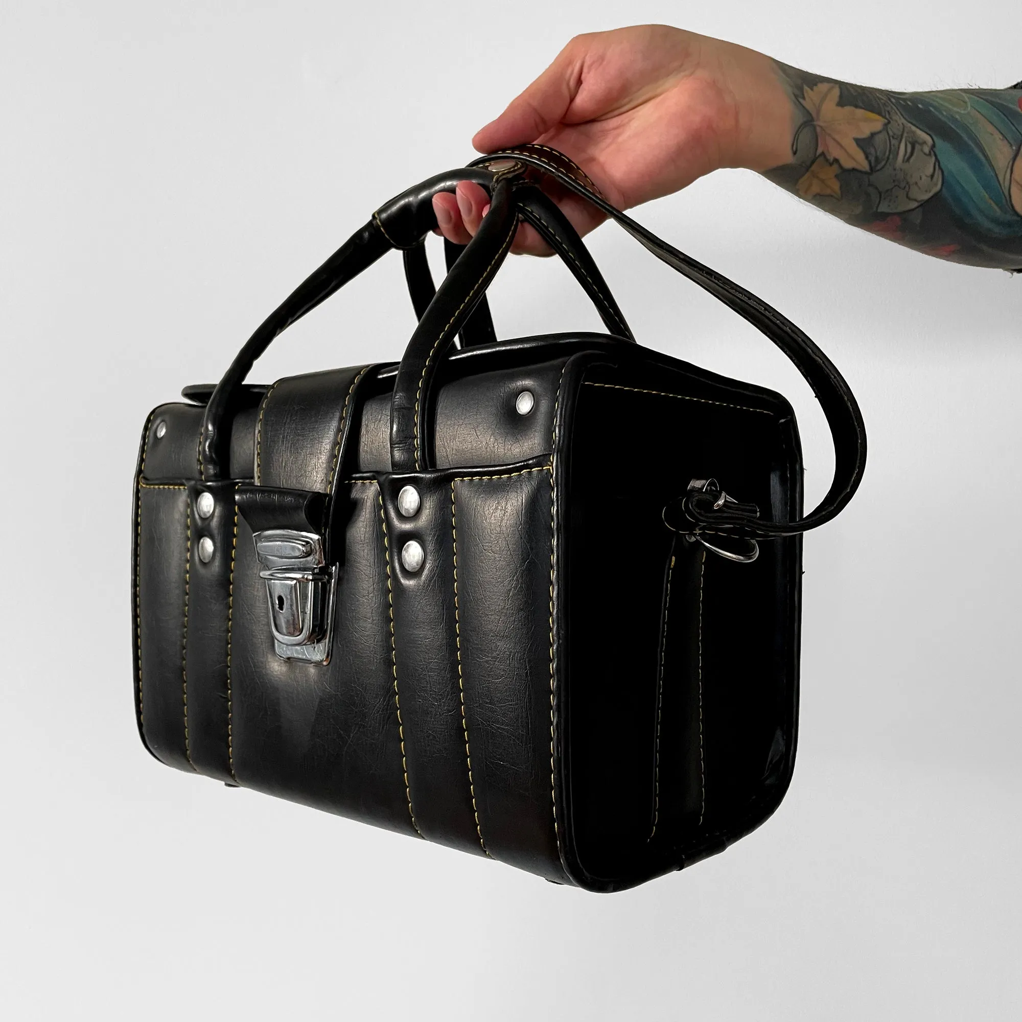 1960s Black Contrast-Stitch Vinyl Crossbody Top-Handle Camera Case Bag