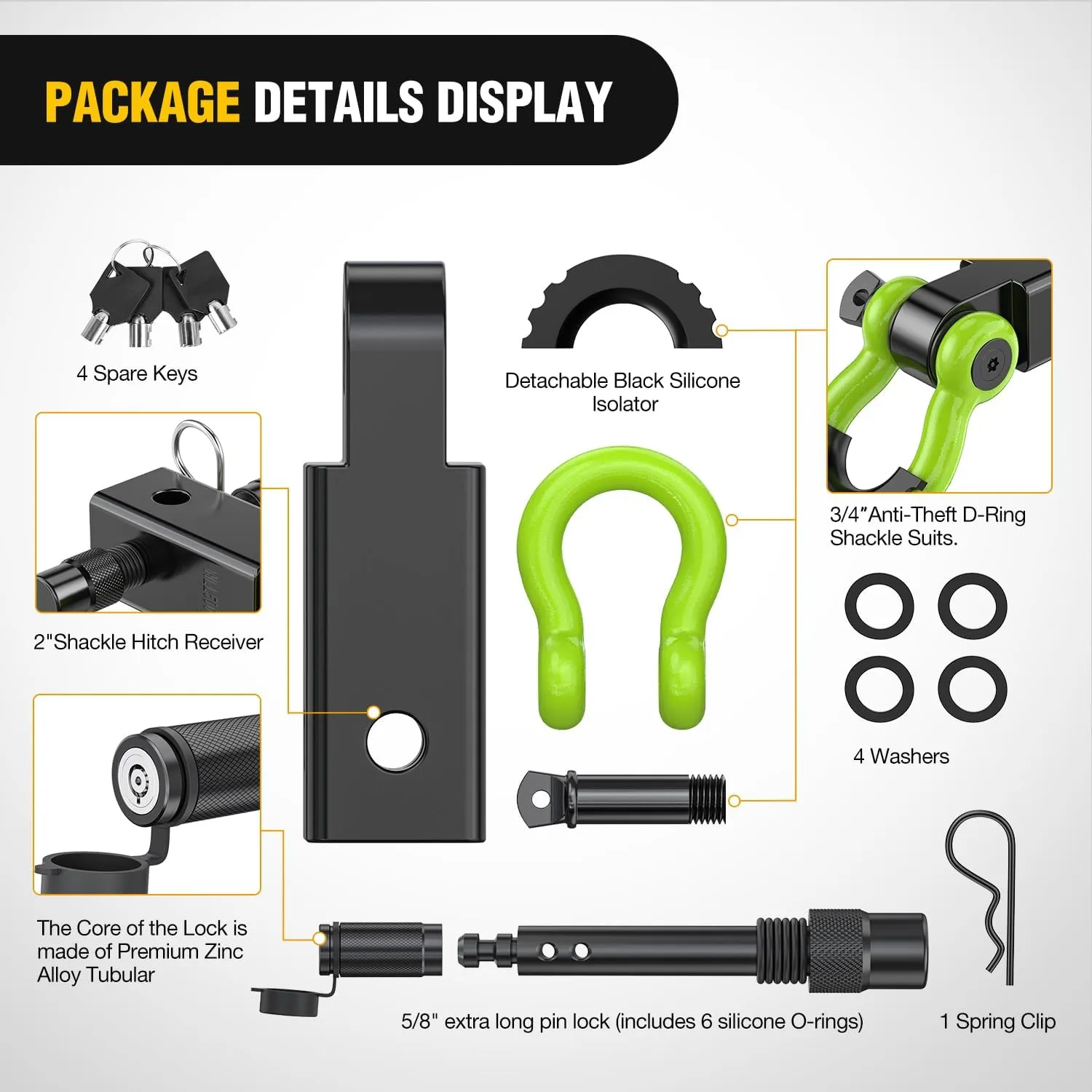 2 Inch Anti-Theft Shackle Hitch Receiver Set Green Black
