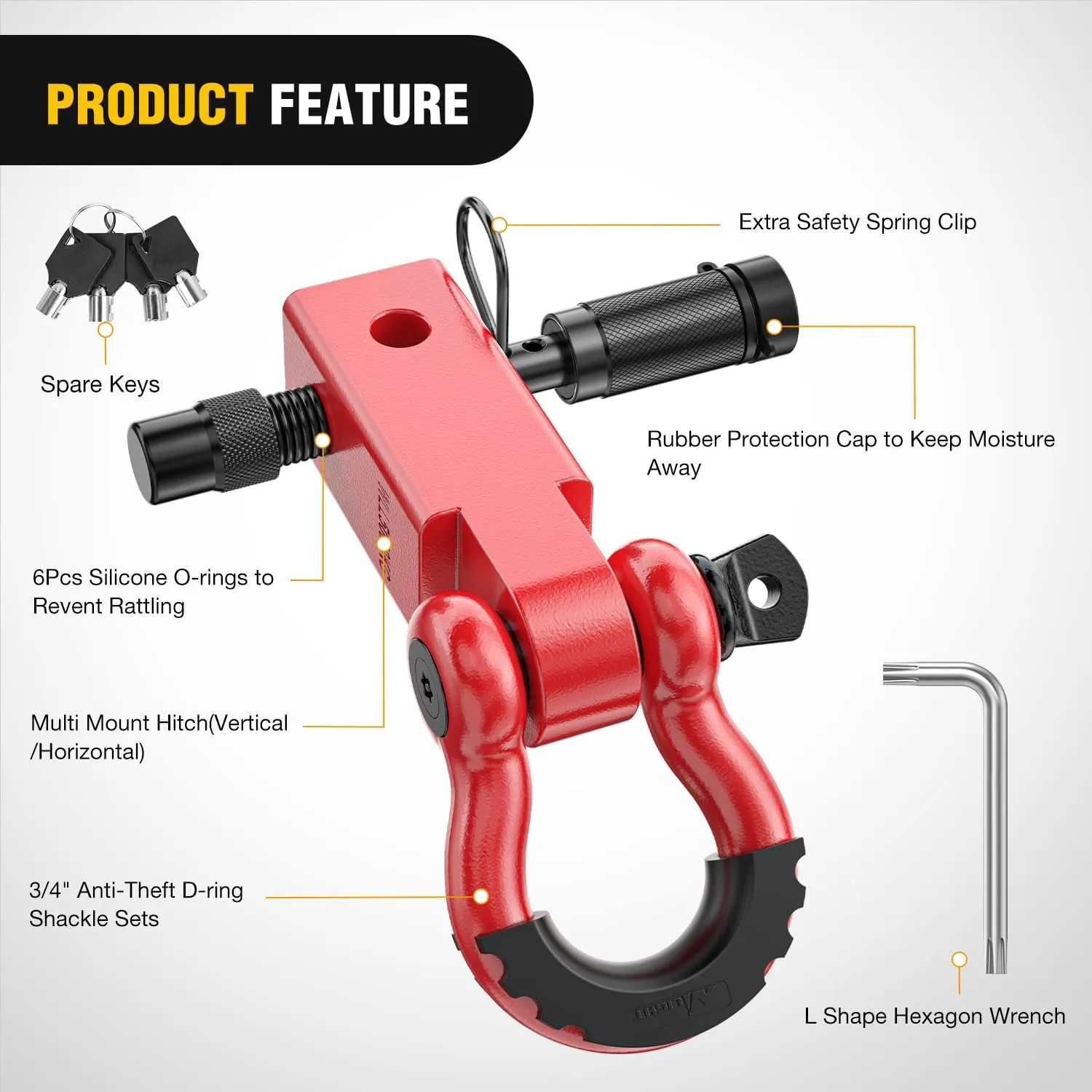 2 Inch Anti-Theft Shackle Hitch Receiver Set Red