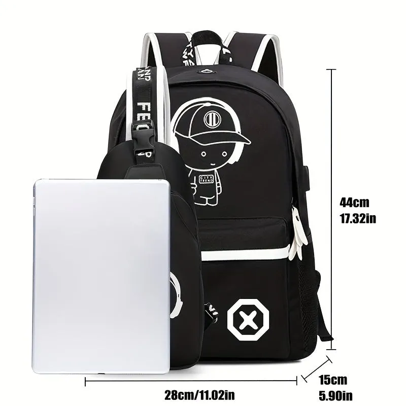 2-Piece Set Stylish Cartoon Printed Backpack Combo - Spacious & Versatile, Casual Daypack with Crossbody Chest Bag - Ideal for School, Travel & Daily Use
