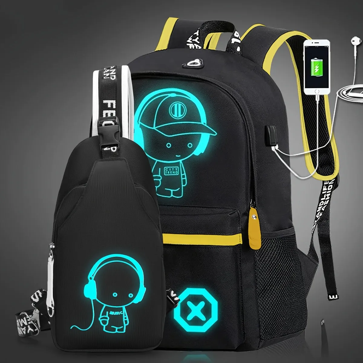 2-Piece Set Stylish Cartoon Printed Backpack Combo - Spacious & Versatile, Casual Daypack with Crossbody Chest Bag - Ideal for School, Travel & Daily Use