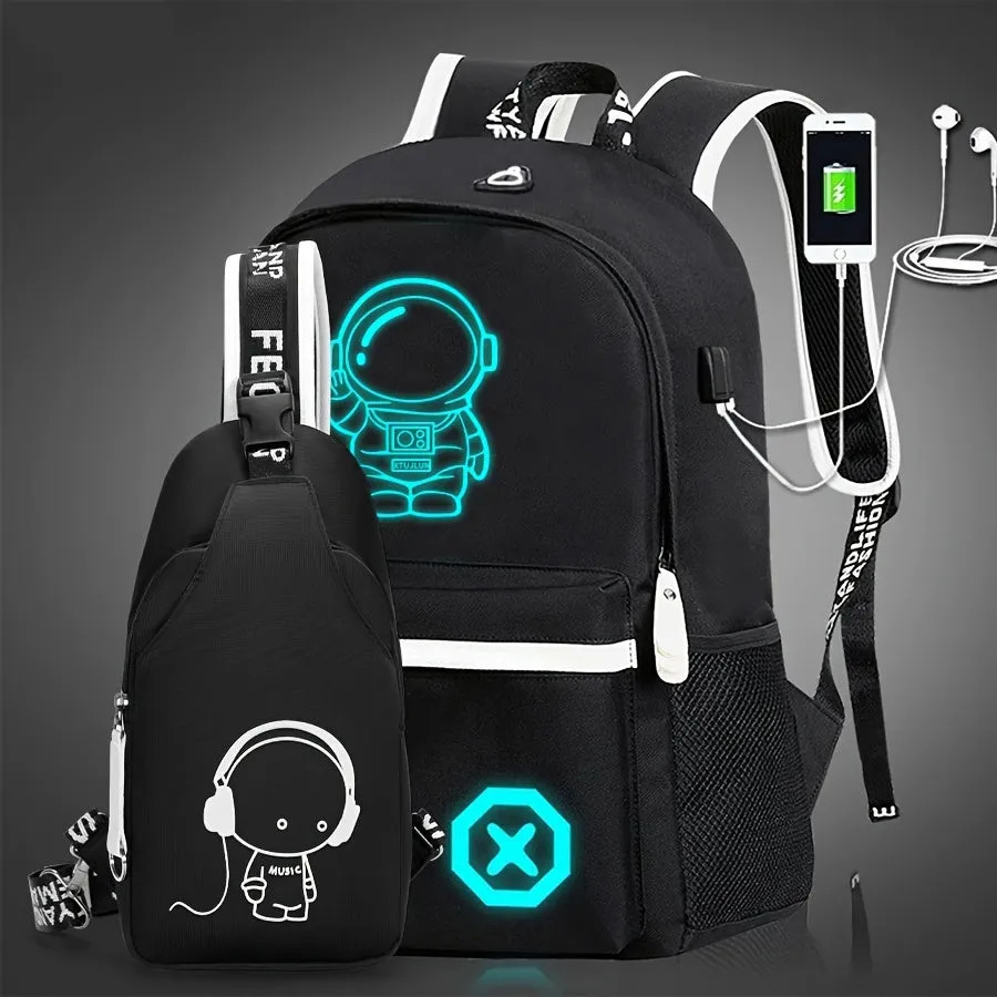 2-Piece Set Stylish Cartoon Printed Backpack Combo - Spacious & Versatile, Casual Daypack with Crossbody Chest Bag - Ideal for School, Travel & Daily Use
