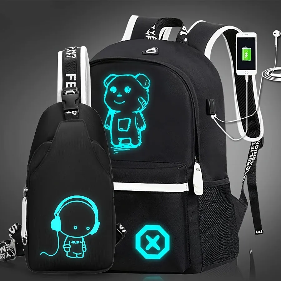 2-Piece Set Stylish Cartoon Printed Backpack Combo - Spacious & Versatile, Casual Daypack with Crossbody Chest Bag - Ideal for School, Travel & Daily Use