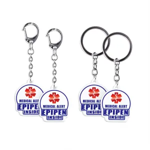 4 Pack Epipen Inside Keychain - Allergy Medical Alert Symbol Bag Tags Set, Double Side Key Tag for Zipper Pull Charm 1.4” for Adult and Child Blue-white