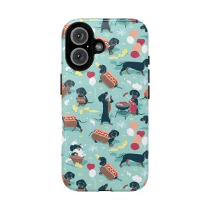 Adorable Dachshund Phone Case with Aqua Green Background
