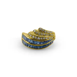 Baguette Sapphire and Round Brilliant Diamond Wave Ring in 14k Yellow Gold