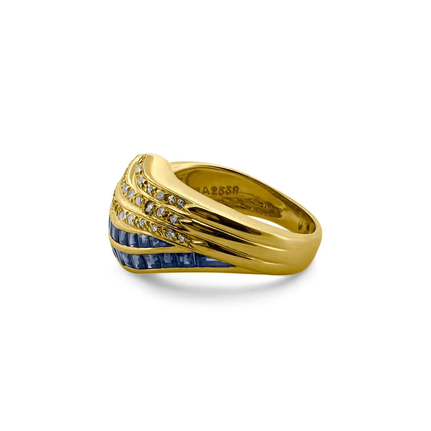 Baguette Sapphire and Round Brilliant Diamond Wave Ring in 14k Yellow Gold
