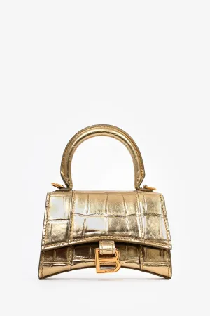 Balenciaga Gold Croc Embossed Leather Hourglass Nano Chain Bag