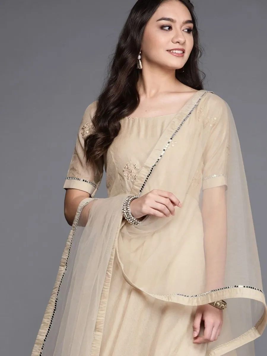 Beige Embroidered Anarkali Kurta with Net Dupatta
