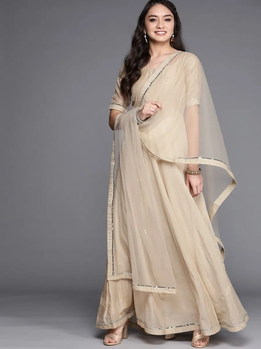 Beige Embroidered Anarkali Kurta with Net Dupatta
