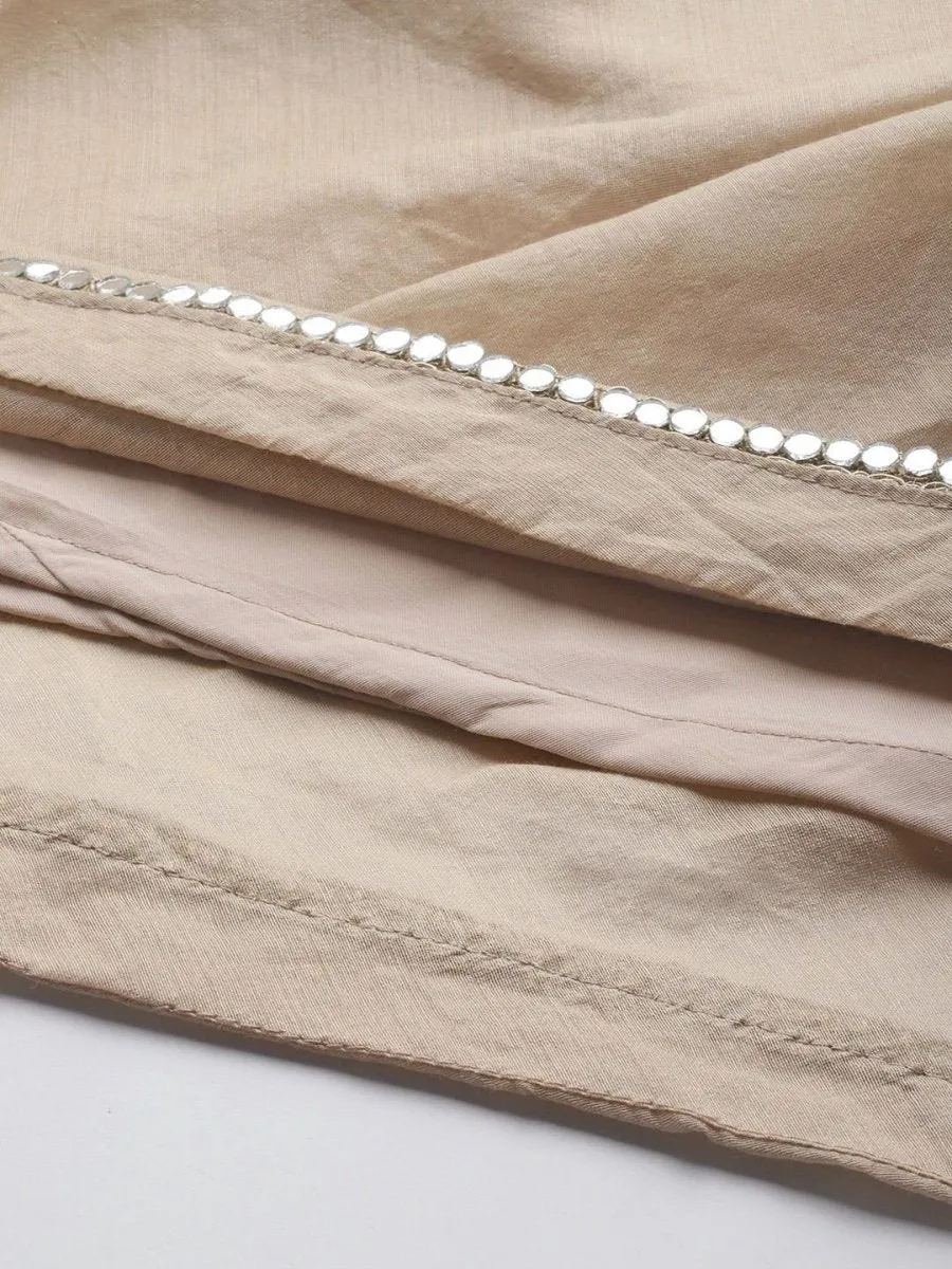 Beige Embroidered Anarkali Kurta with Net Dupatta