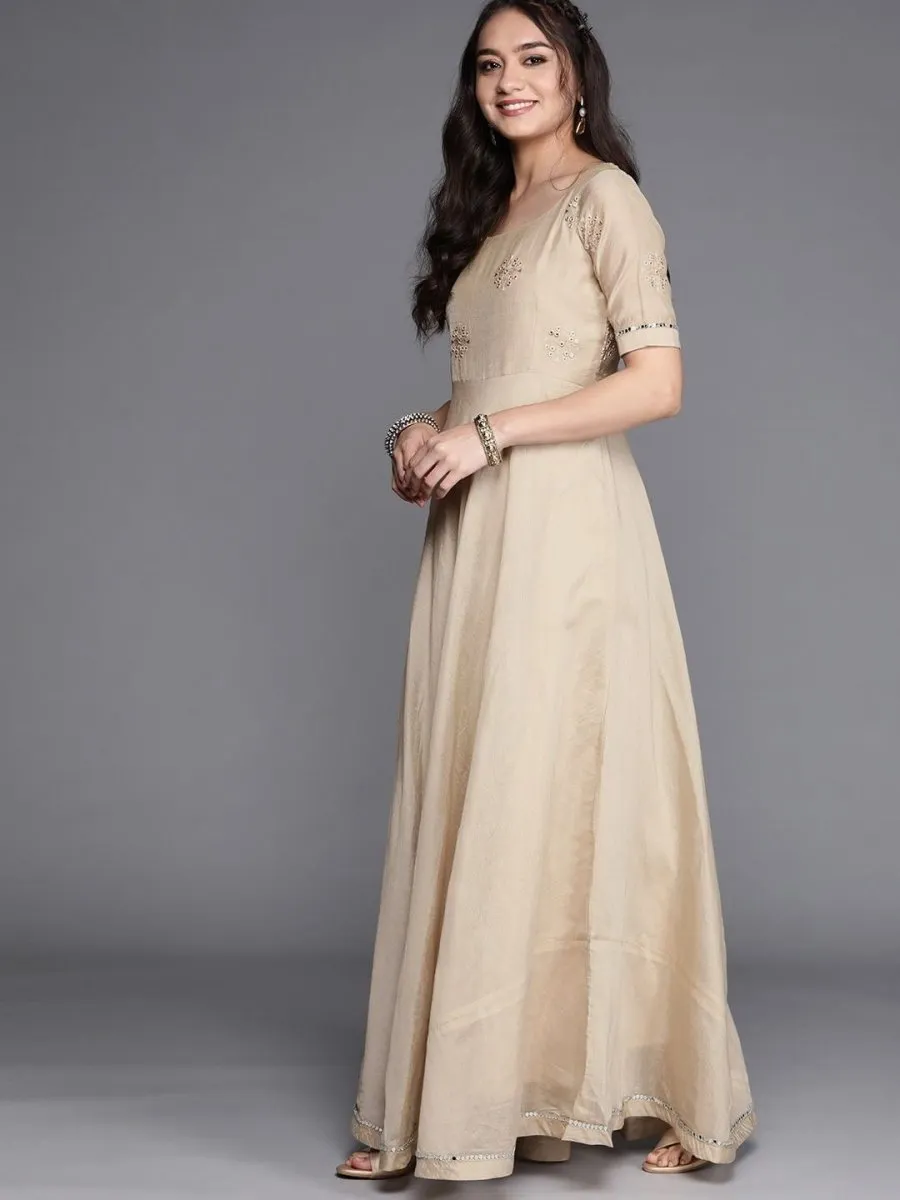 Beige Embroidered Anarkali Kurta with Net Dupatta