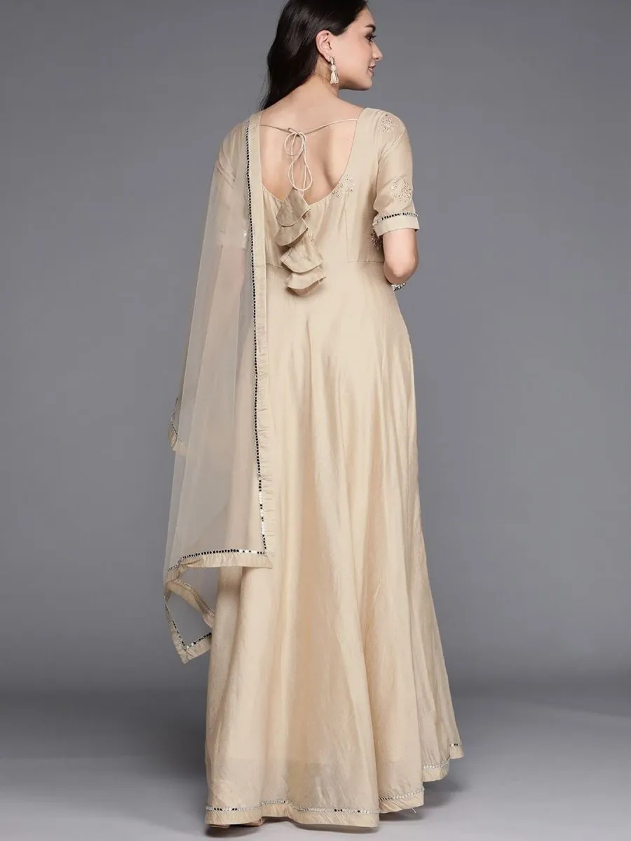 Beige Embroidered Anarkali Kurta with Net Dupatta
