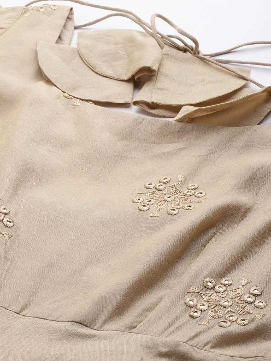 Beige Embroidered Anarkali Kurta with Net Dupatta