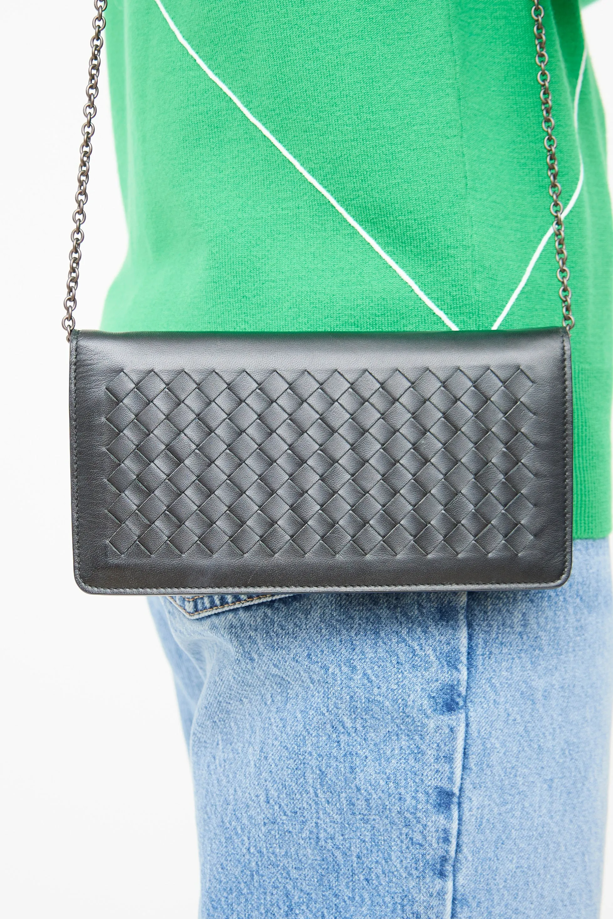 Black Intrecciatio Leather Wallet On Chain