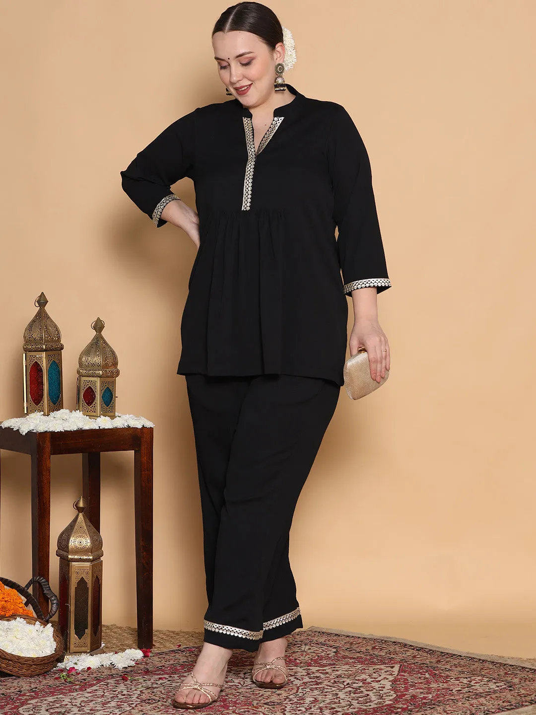Black Textured Palazzo - Embellished