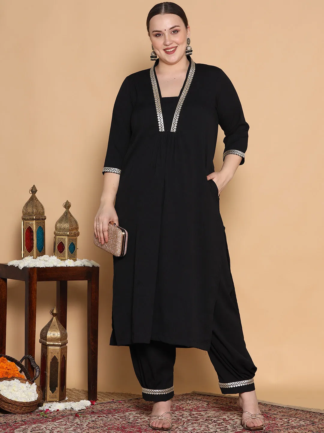 Black Textured Shawl Collar Kurta