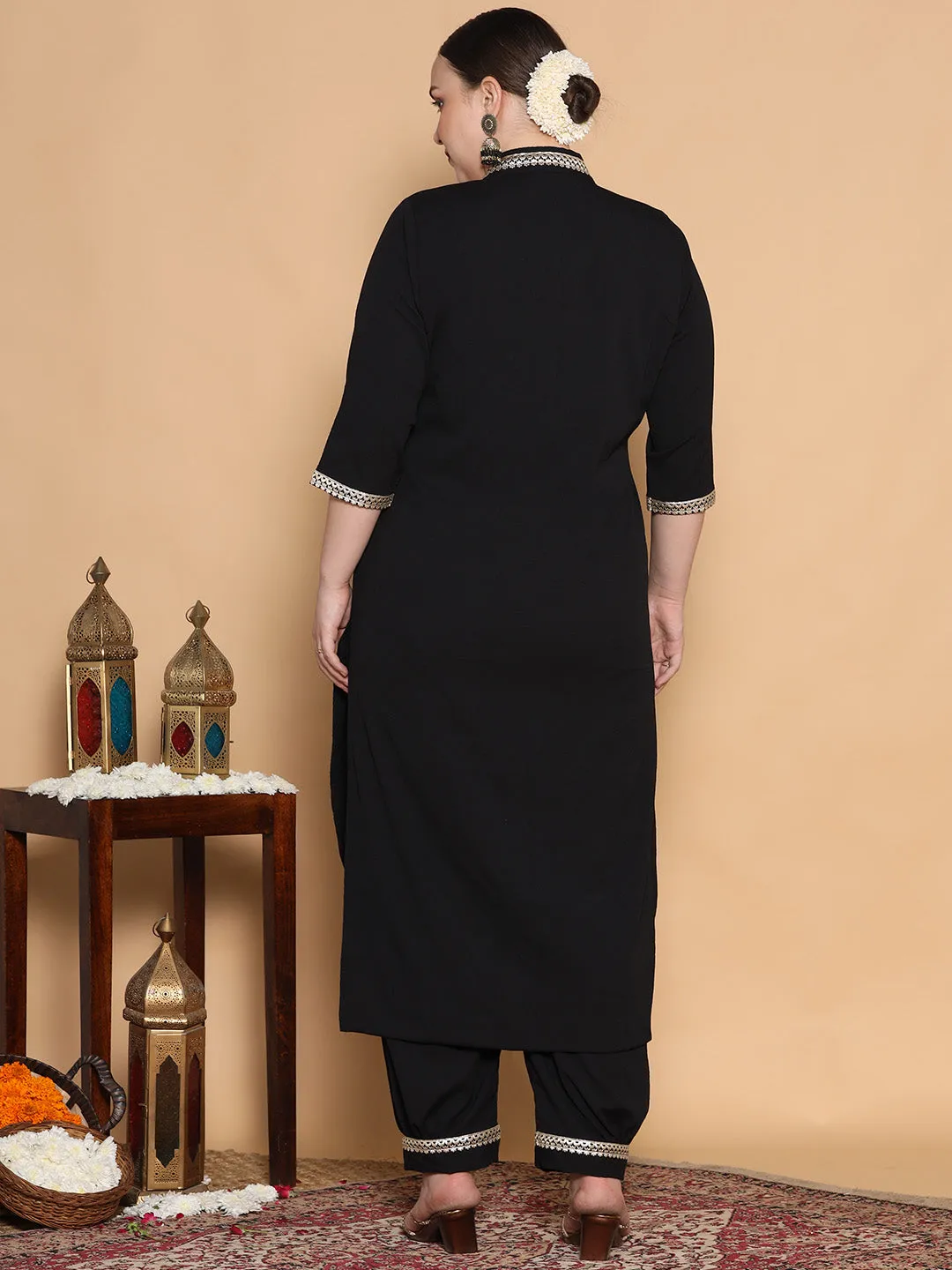 Black Textured Shawl Collar Kurta