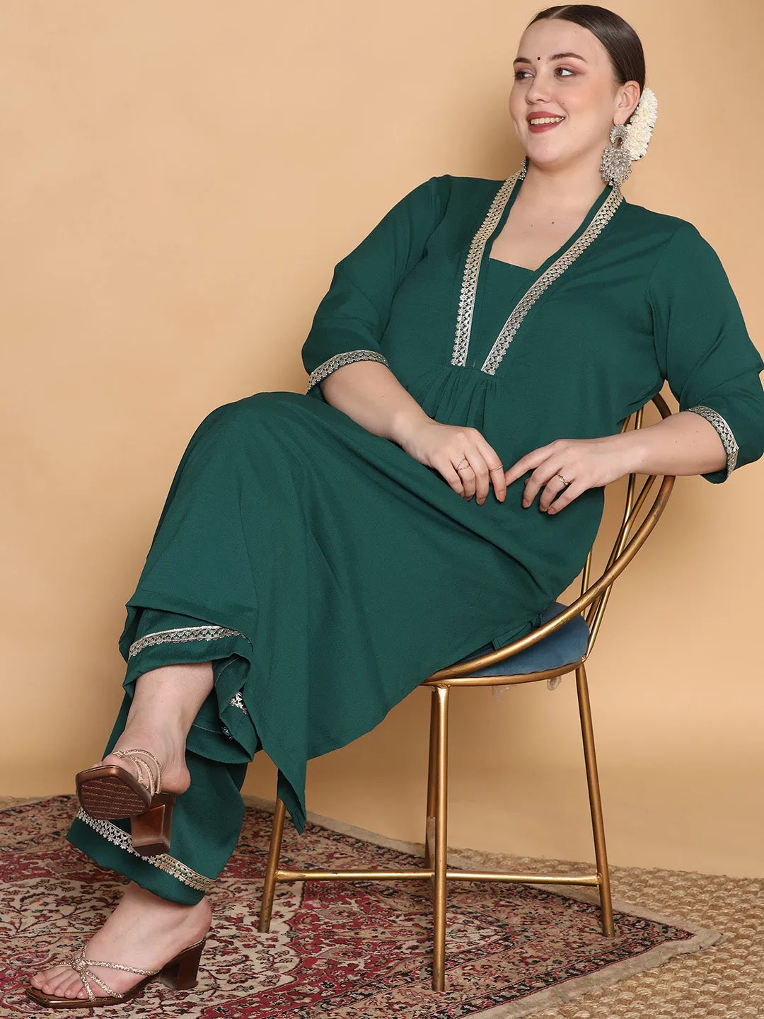 BottleGreen Textured Palazzo - Embellished