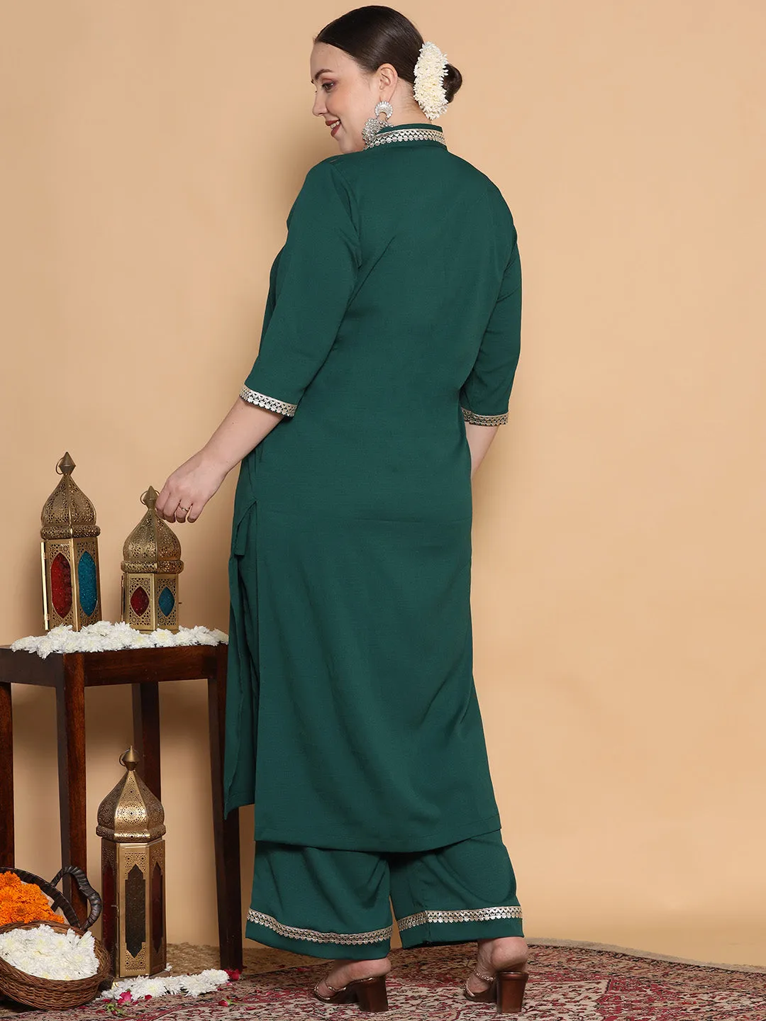BottleGreen Textured Shawl Collar Kurta
