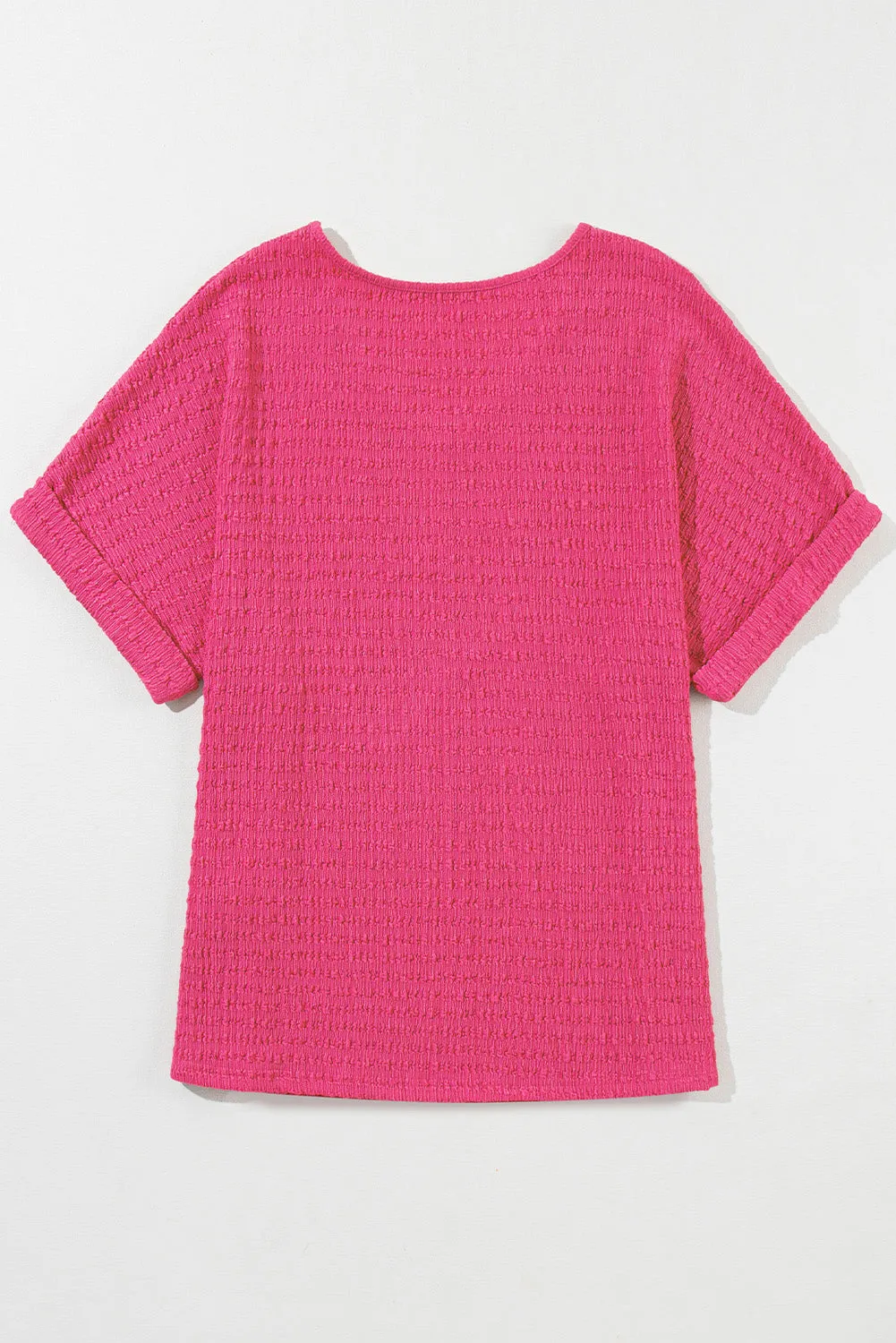 Bright Pink Textured Rolled Short Sleeve V Neck Blouse