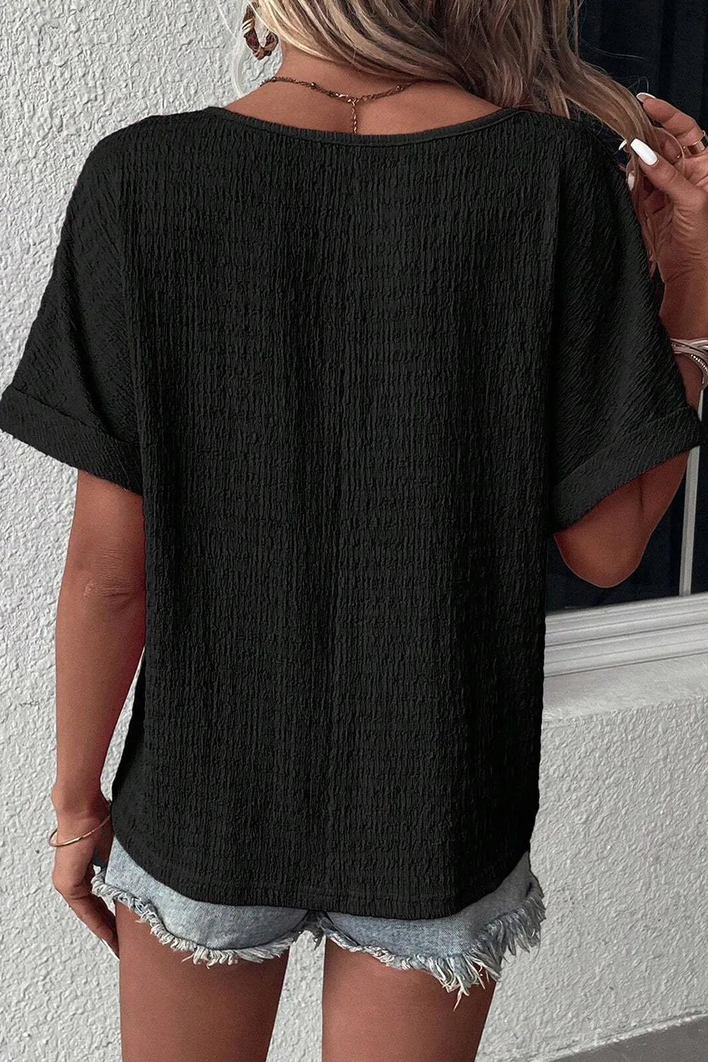 Bright Pink Textured Rolled Short Sleeve V Neck Blouse