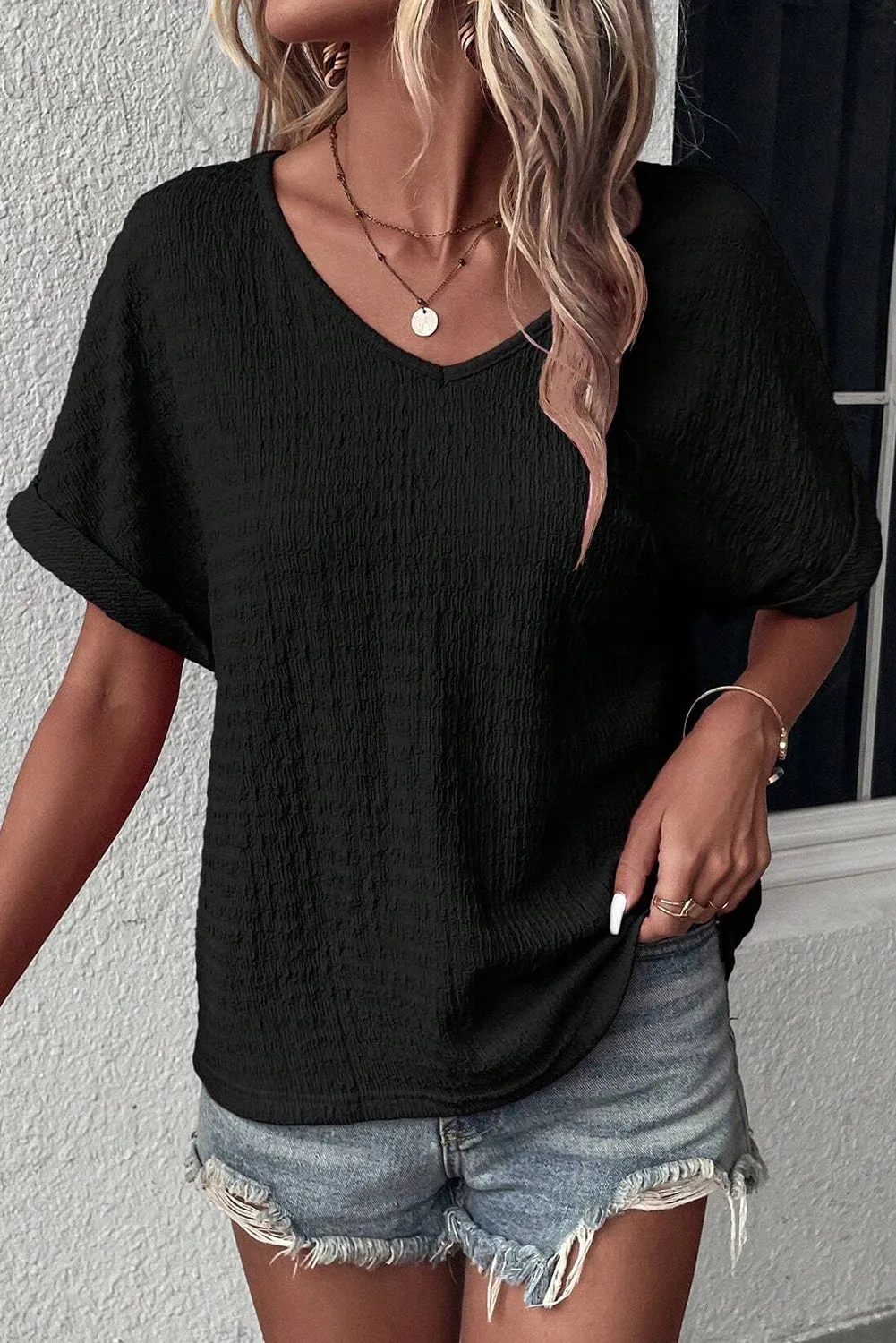 Bright Pink Textured Rolled Short Sleeve V Neck Blouse