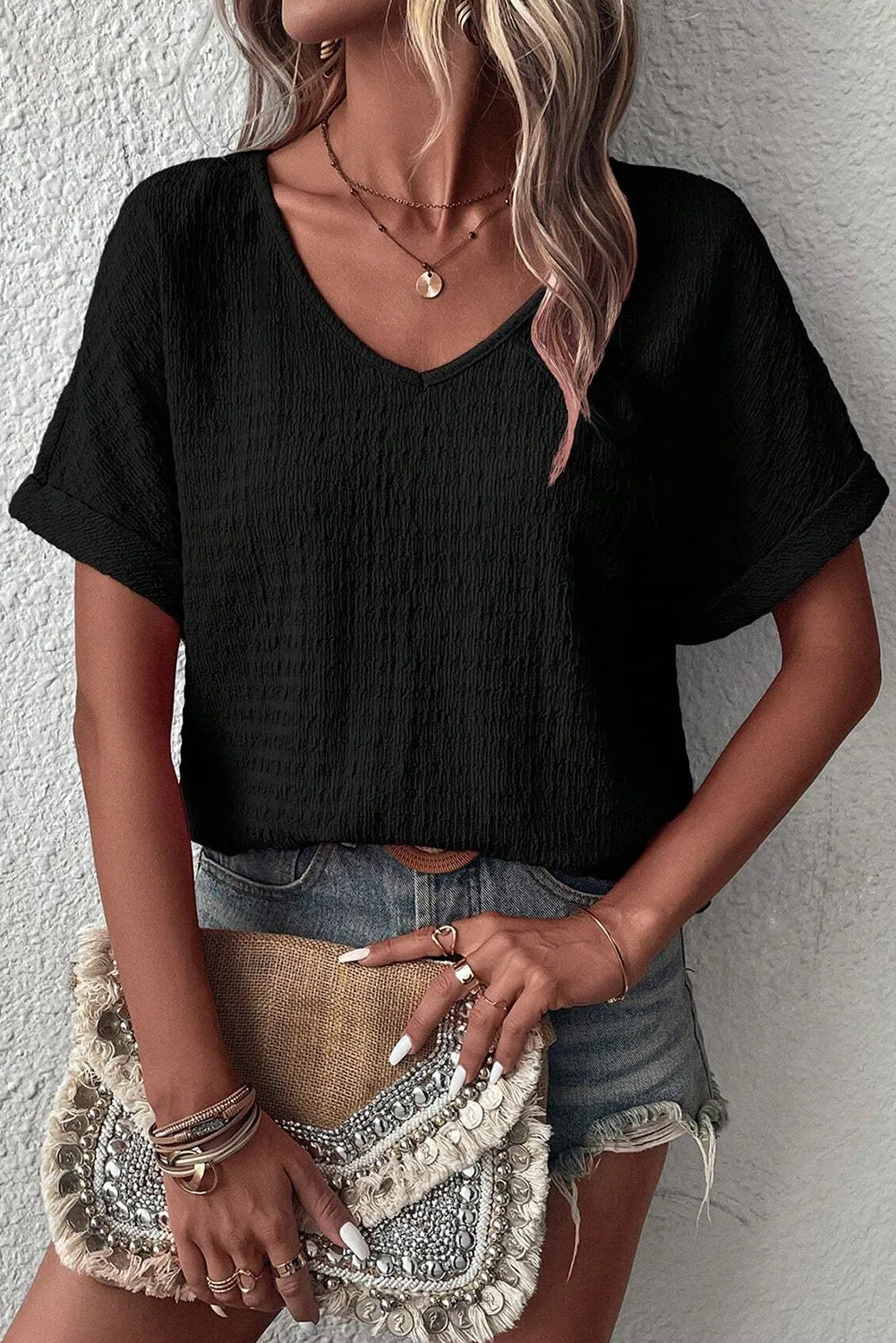 Bright Pink Textured Rolled Short Sleeve V Neck Blouse