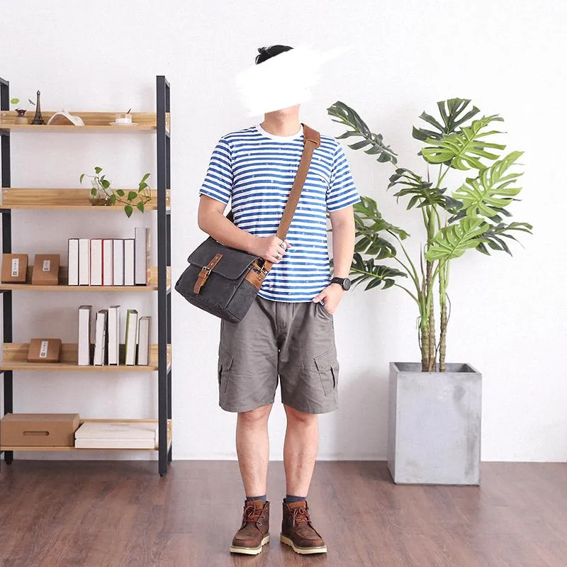 Canvas Leather Mens DSLR Camera Bag Side Bag Green Small Messenger Bag for Men