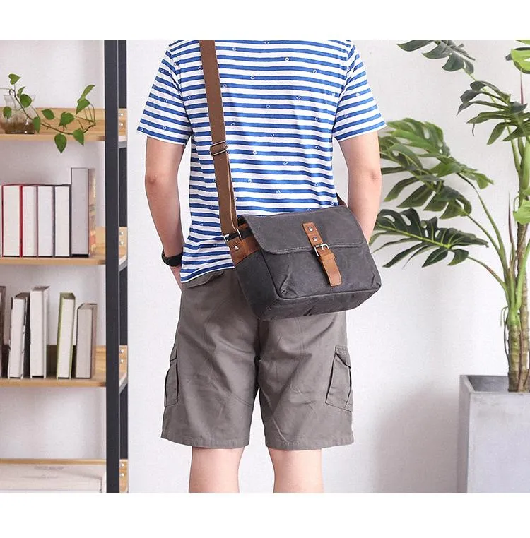 Canvas Leather Mens DSLR Camera Bag Side Bag Green Small Messenger Bag for Men