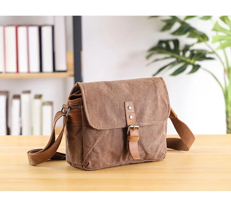 Canvas Leather Mens DSLR Camera Bag Side Bag Green Small Messenger Bag for Men