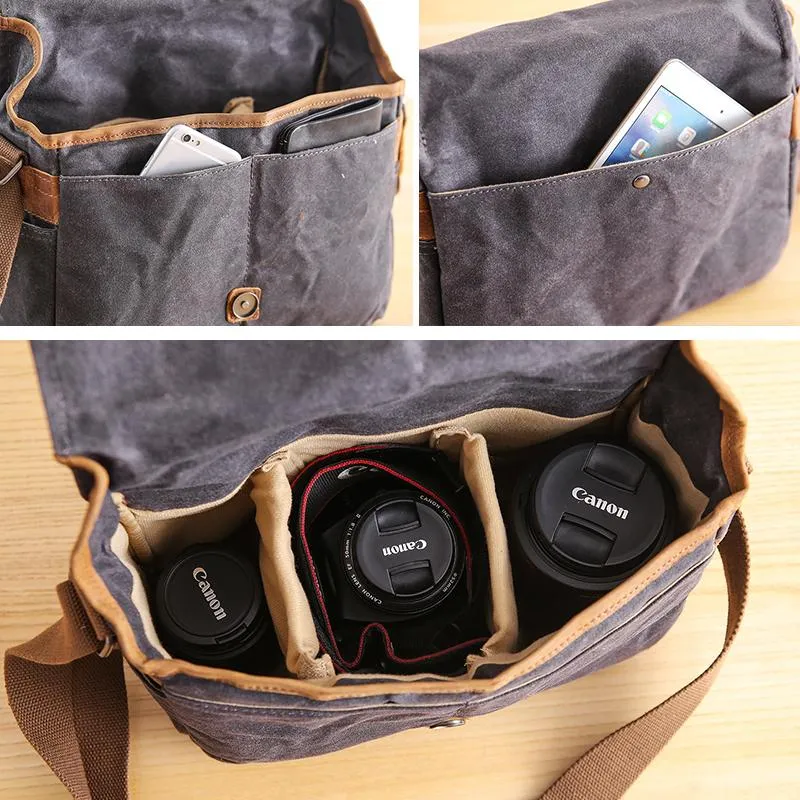 Canvas Leather Mens DSLR Camera Bag Side Bag Green Small Messenger Bag for Men