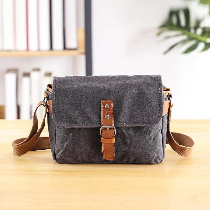 Canvas Leather Mens DSLR Camera Bag Side Bag Green Small Messenger Bag for Men